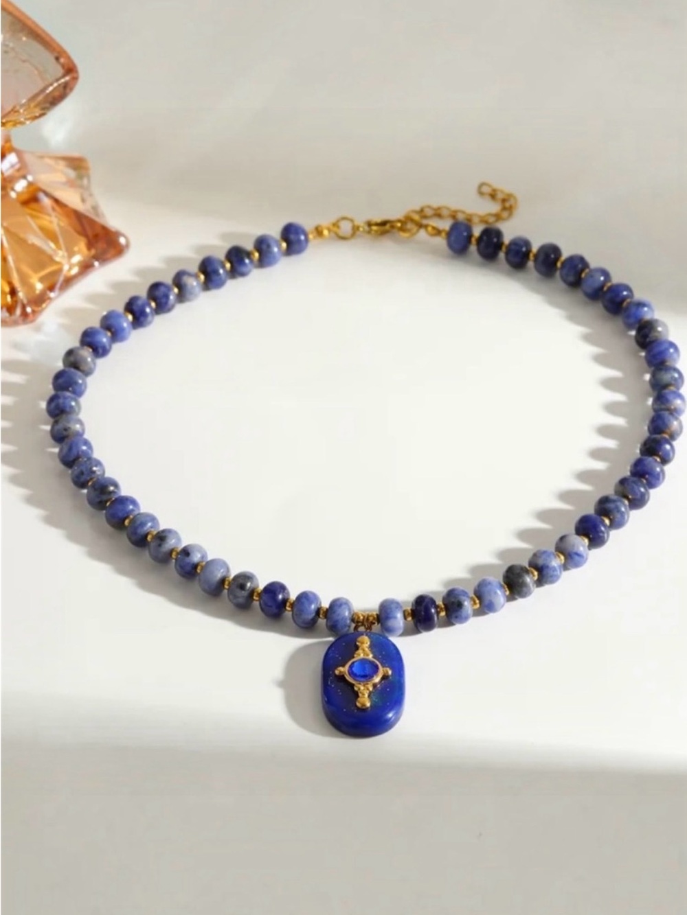 Blue Beaded Pendant Necklace NWT Gold Plated PVD